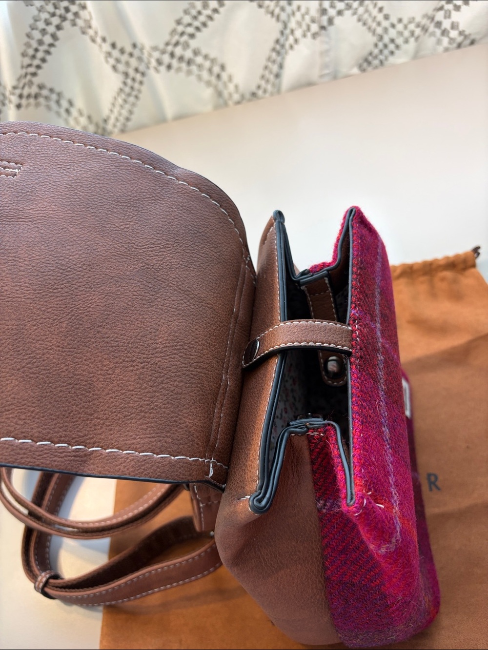 Islander Harrison Tweed Mini Jura Backpack. Brown Leather and Magenta Plaid. - Picture 8 of 10